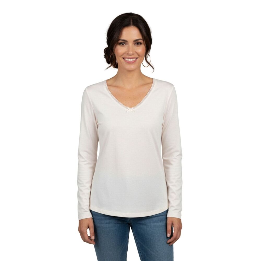 Women's Lace-Trim V-Neck Long Sleeve Top - Cream